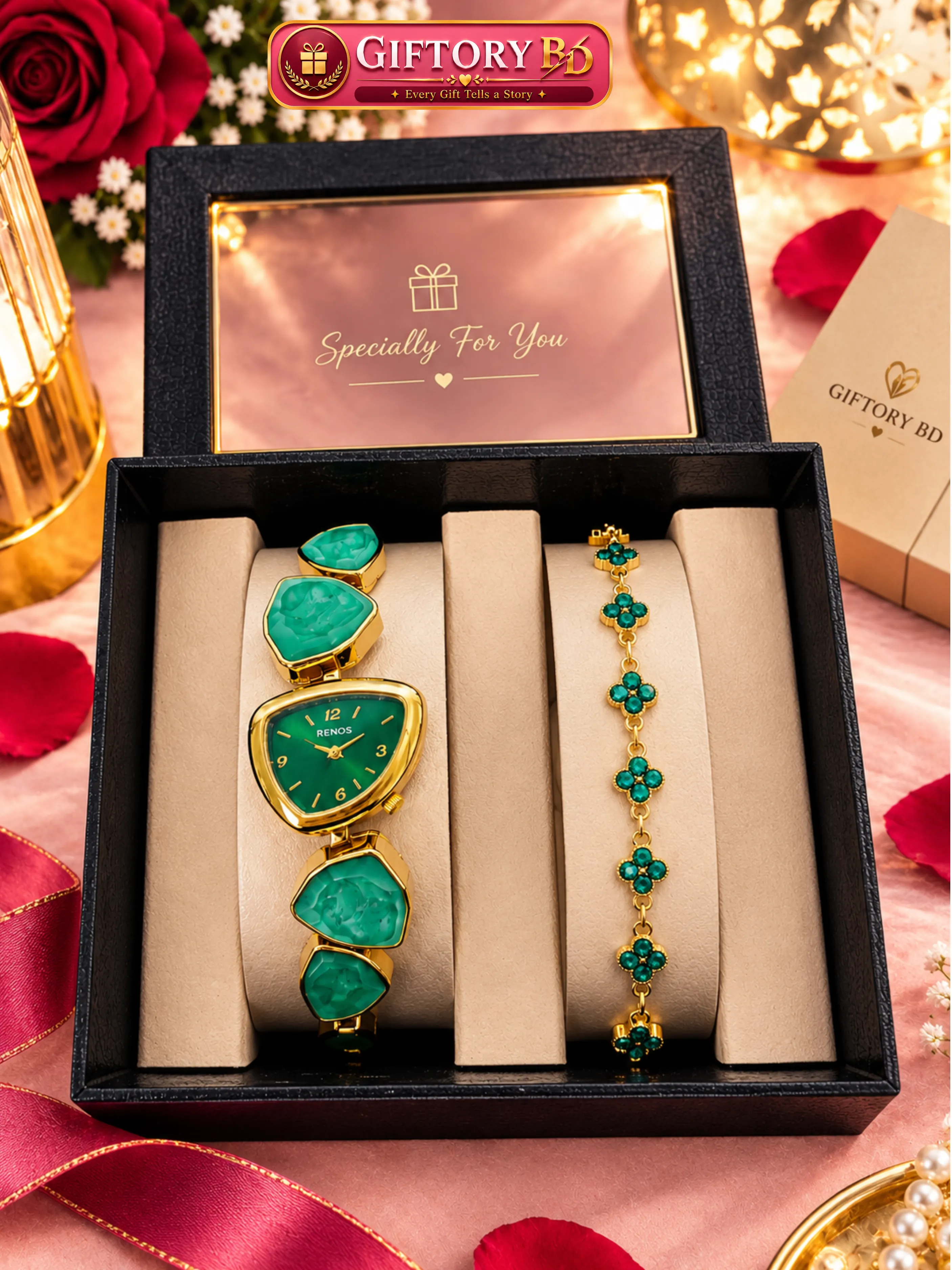 Green Emerald Grace – Luxury Watch & Bracelet Gift Set WB-3